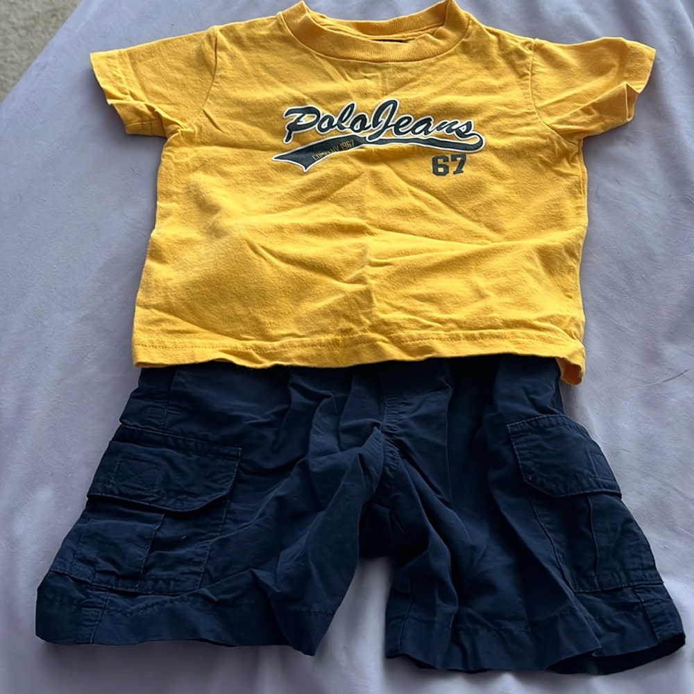 Outfit. SS Polo tshirt and navy cargo shorts. Size 12 months